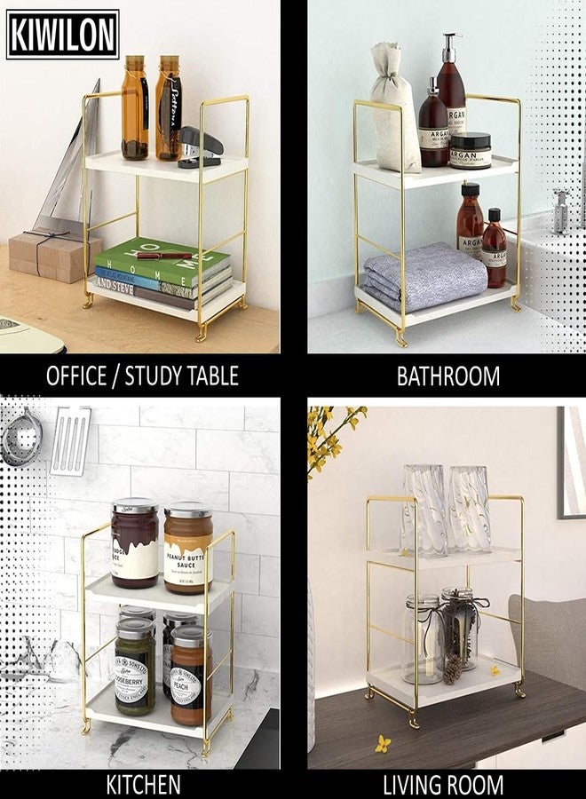 Kiwilon 2 Tier Storage Rack Shelf | Gold Metal Frame with White Trays | Multipurpose Stand for Kitchen | Office Table & Study Desk - Image 4